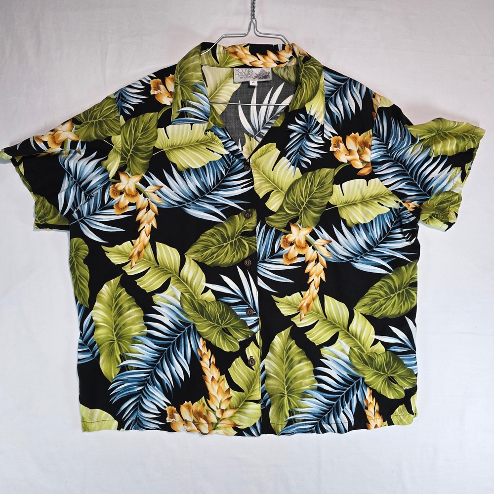 Young Hawaii by Iolani‎ Womens XL Tropical Floral Leaf Button Down Shirt Black